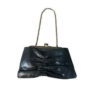 Vintage Hobo International Black Leather Kiss Lock Evening Bag Chain Strap